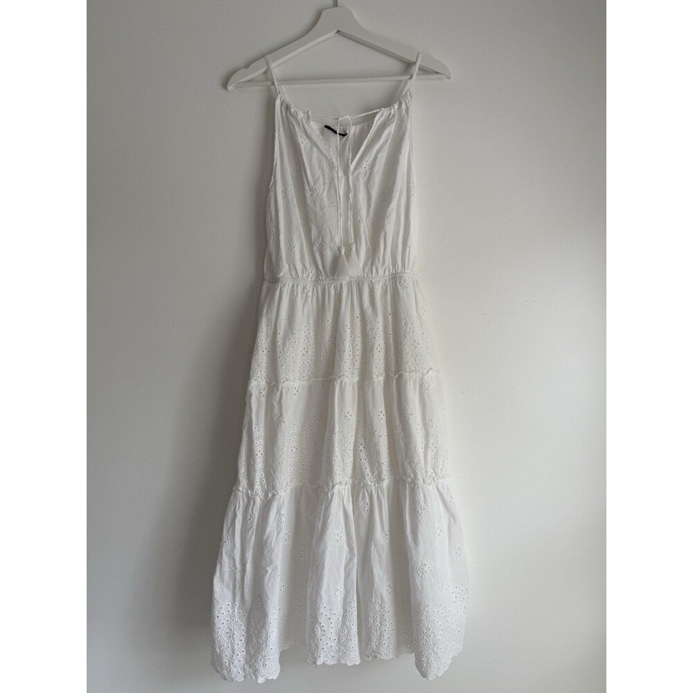 ZARA White Cotton Eyelet Sundress | Size M | Boho Eyelet Tiered Midi Dress